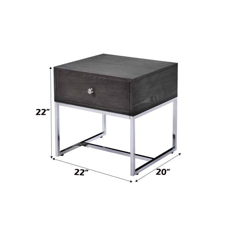 Table de bout 22 po x 20 po avec placage en chêne gris et base en métal compacte et capacité de rangement