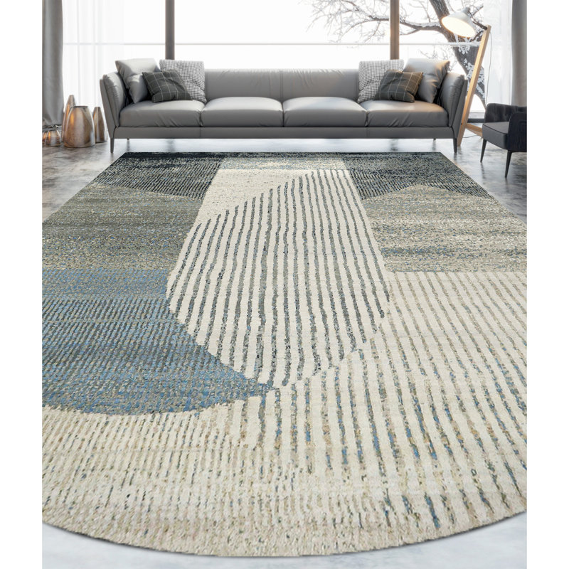 Hand Knotted Striped Area Rug in Silver/Gray/Blue, Rectangle 9' x 12'
