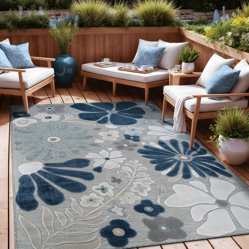 Tapis floral d'intérieur pour l'extérieur, Blue, Rectangle 10' x 14'