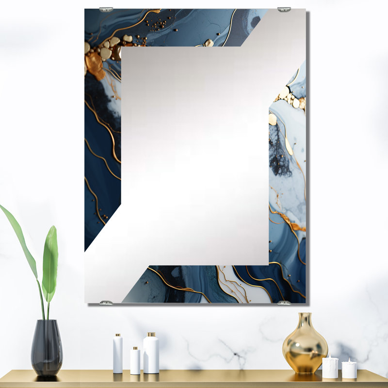 Miroir mural doré doré, art moderne à encre liquide abstraite - doré et bleu, 40 po x 30 po