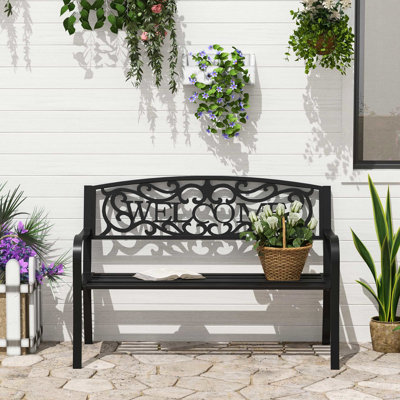 50" Outdoor Metal Bench, Black With Slatted Seat For Garden, , Porch, Yard, Entryway, Coating Bench In Black, Garden Patio Base Deformation-