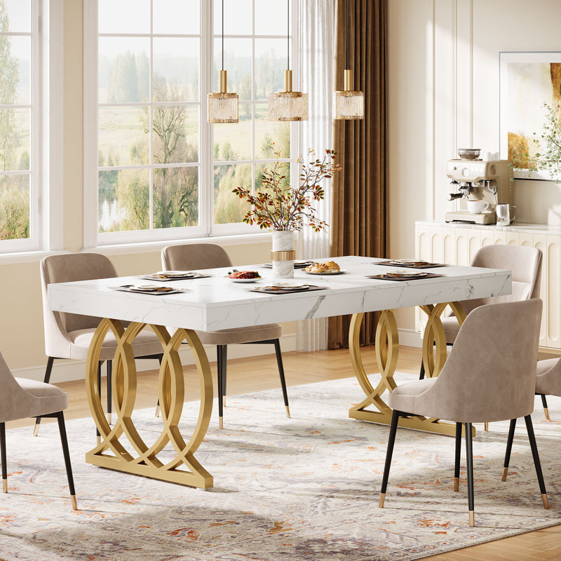63-inch White Rectangle Dining Table With Gold Metal Base, White, Gold