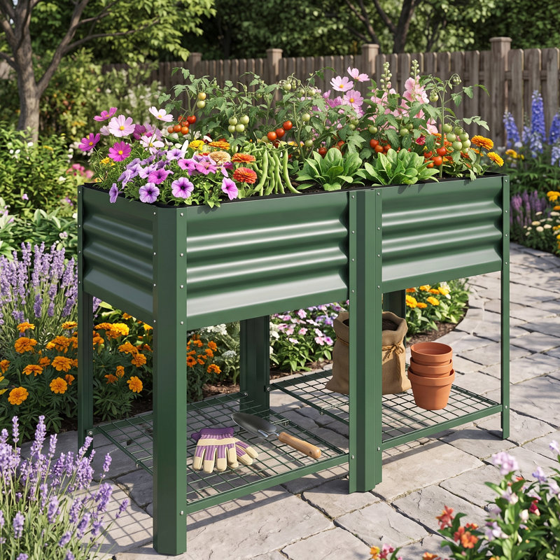 Lit de jardin surélevé, jardinière surélevée en acier galvanisé avec tablette de rangement, Vert