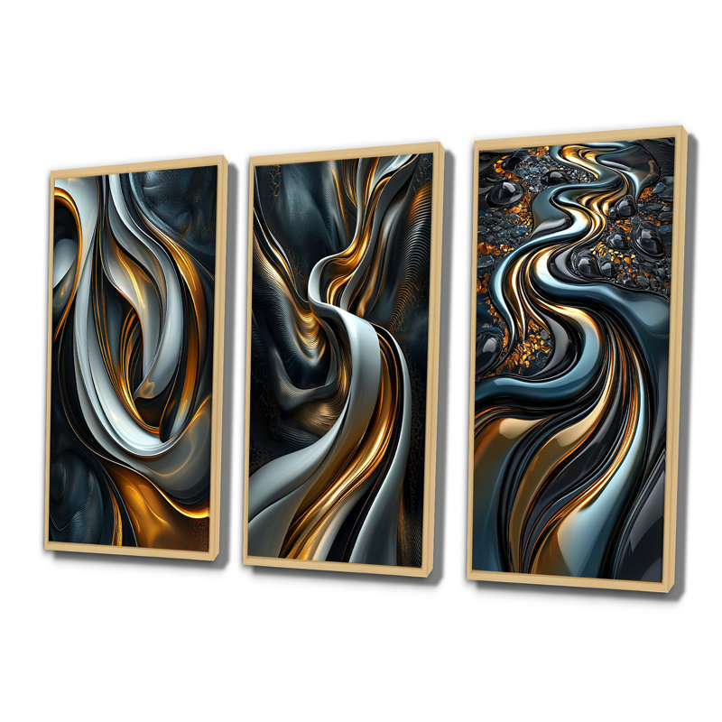 Tourbillon abstrait dans des tons d'or et de noir I - Collection d'art mural moderne, 40" H x 60" W, Crème, crème