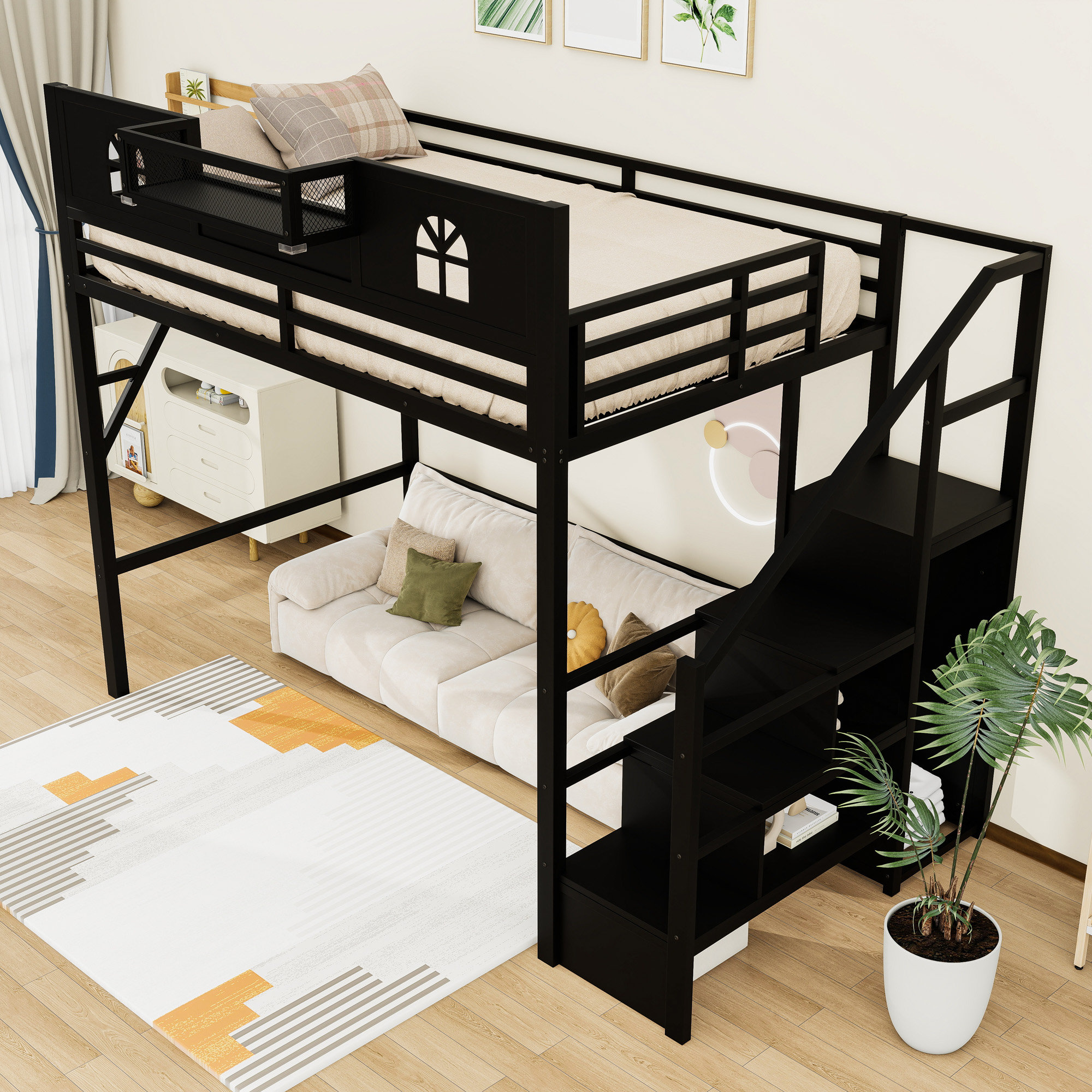 Harriet Bee Metal Loft Bed with Stairs and Built-in Wardrobe | Wayfair