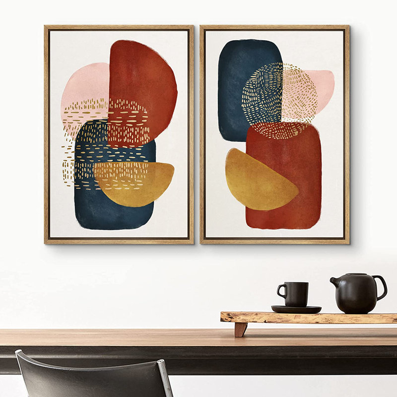 Mid-Century, aquarelle, collage de formes abstraites, ensemble de 2 peintures sur cadre flottant, H 36 po x l 48 po, Brun