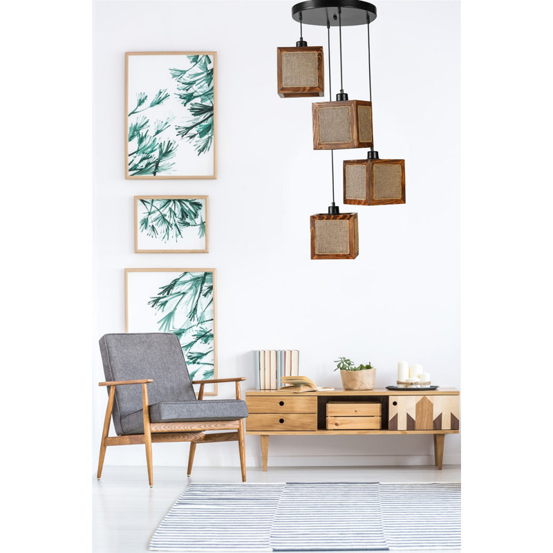 Elegant Adjustable Chandelier, Rattan & Walnut Finish, 27.6 x 27.6 x 27.6 inches | Fir Wood Body, Black Metal Parts | E 27 Socket, Max 40W | Perfect for Living Room, Dining Room, and Entryways, Stylish & Functional Design