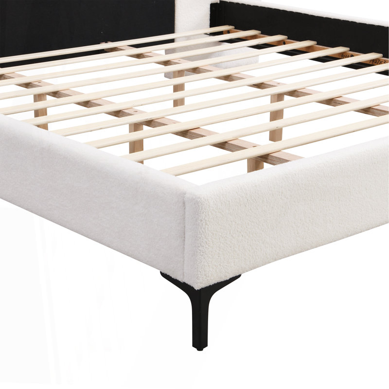 Chic Boucle Upholstered Bed With Integrated Lights And Shelves, White, King, White, King