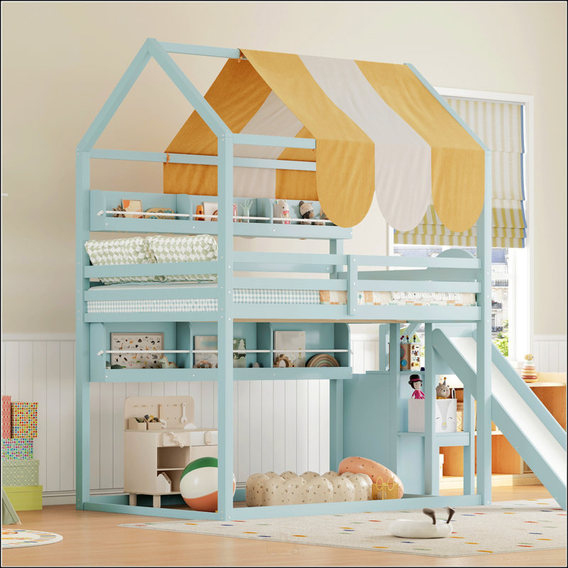 Lit superposé double avec auvent de style maisonnette, glissoire et bibliothèque intégrée pour enfants et adolescents