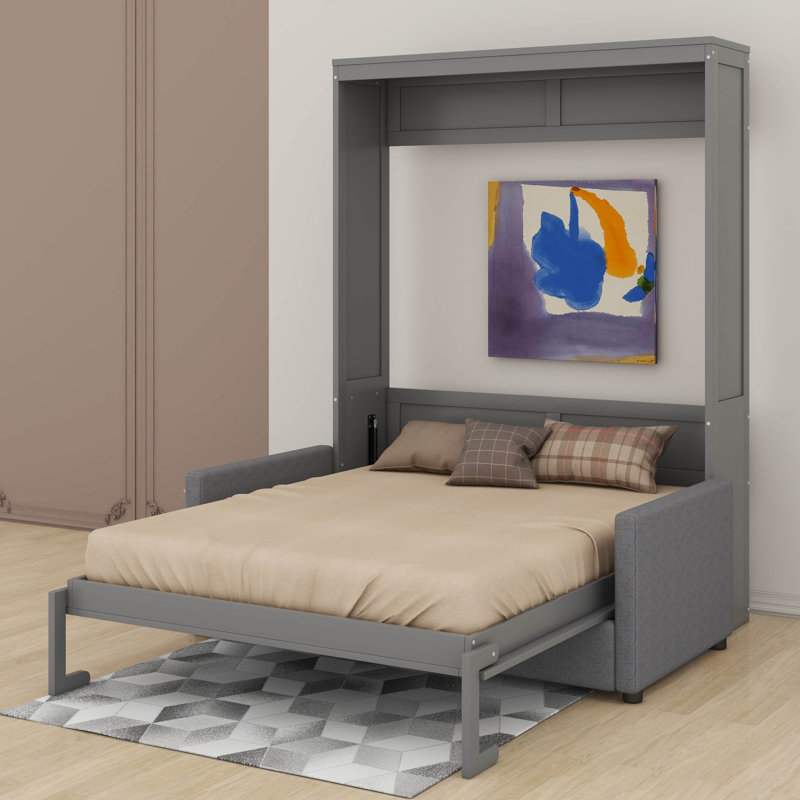 Queen Size Murphy Bed With Cushion, Grey