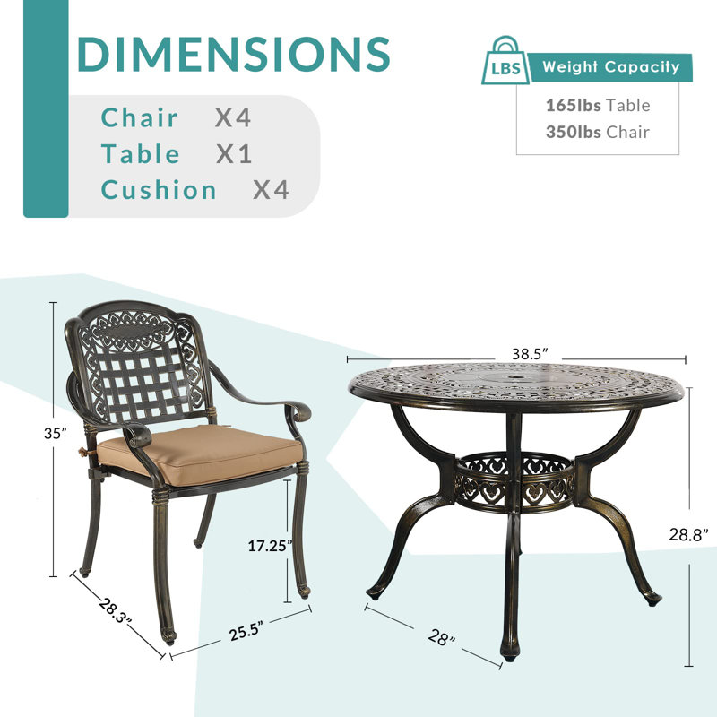 4 - Person Patio Dining Set with Round Table , Cushions Included, Khaki