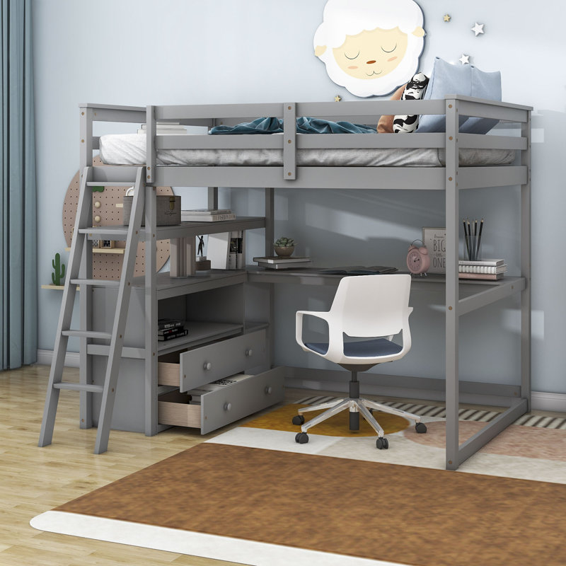 Garance Kids Full Loft Bed with Drawers, Gray