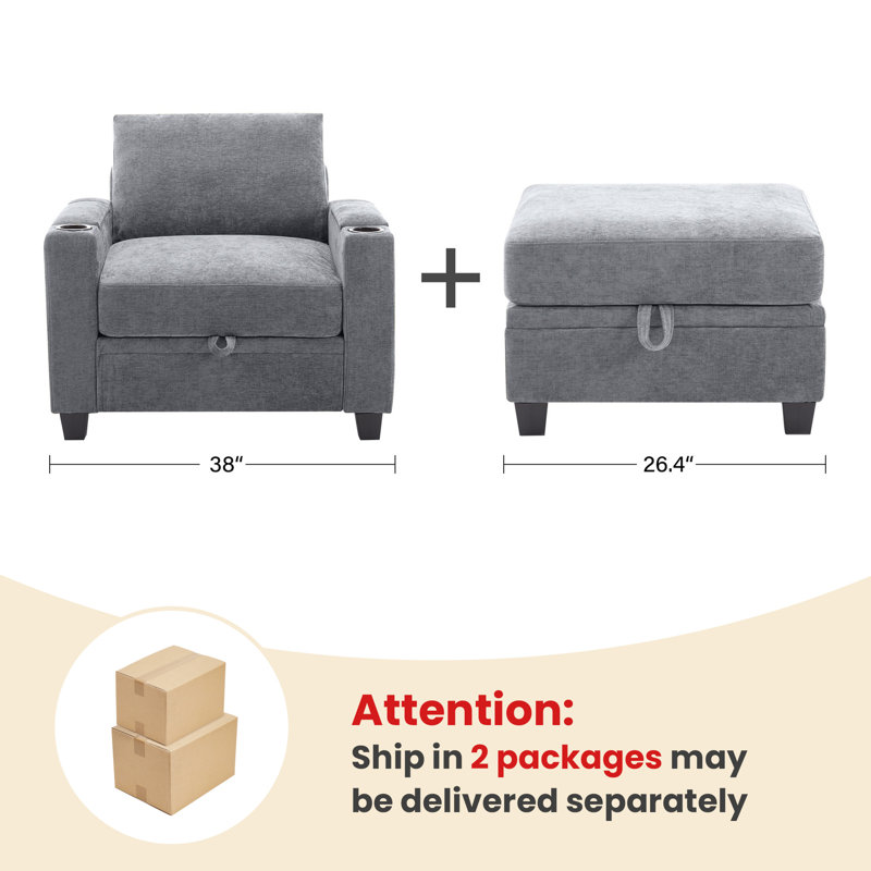 Storage Upholstered Armchair with Ottoman, Gray Chenille