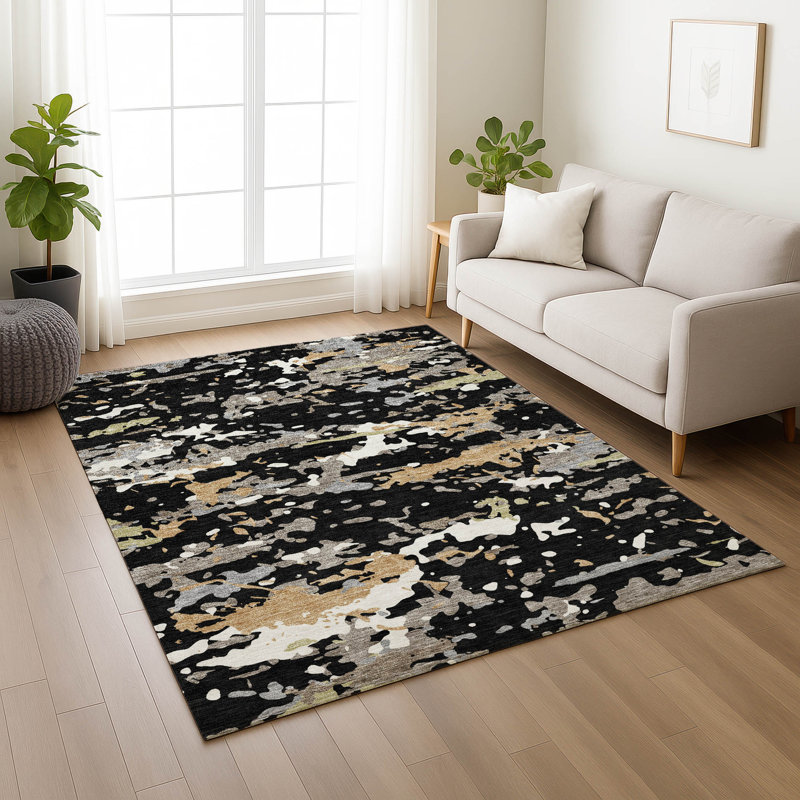 Tapis abstrait lavable à la machine intérieur / extérieur ACN2595, Noir, 10 pi x 14 pi