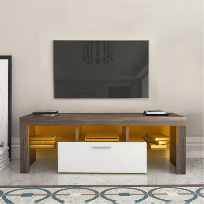 Simple Modern TV Stand with LED Lights, Tempered Glass Shelf & TV Mount, Brown/White, Easy Assembly