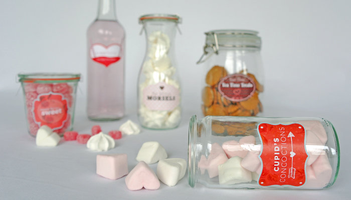 Glasses labelled with DIY food and drinks labels