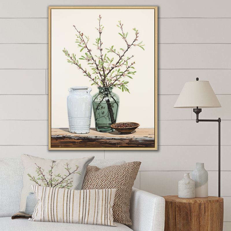 Fleur de poterie rétro - art mural fleurs, Cadre flottant brun, H 44 po x l 34 po x P 1,5 po