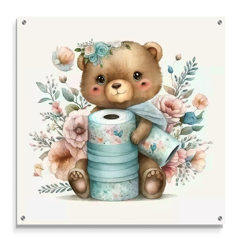 Ours en peluche avec rouleau de papier hygiénique et fleurs - Art mural en acrylique pour la salle de bain, H 16 po x l 16 po