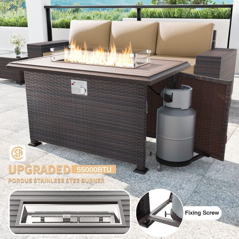 7-Piece Wicker Patio Conversation Set With Cushions,Coffee Table And Outdoor Fire Pit Table With Aluminum Top, PE Rattan Base, And  White Glass Wind Guard