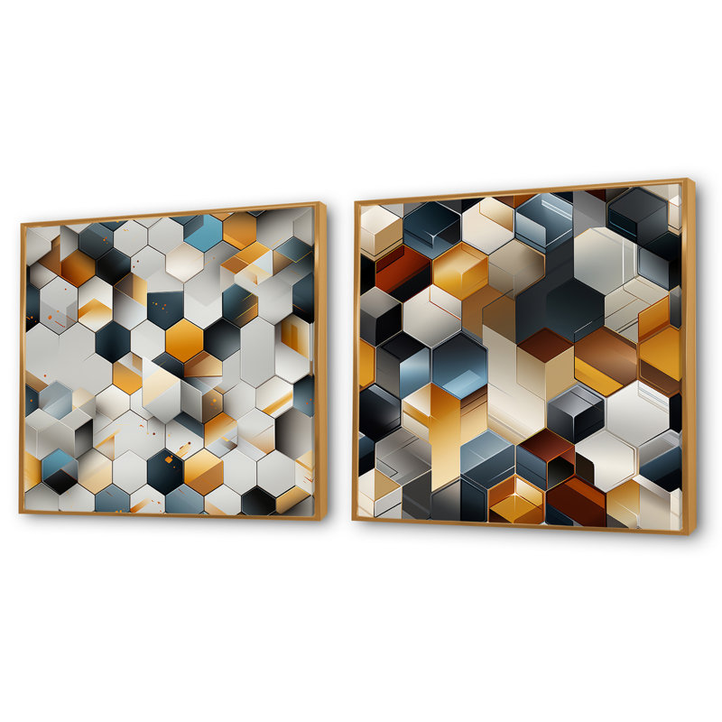 Dainera - Ensemble de 2 collages de formes carrées abstraites, H 16 po x l 33 po, Cadre flottant doré