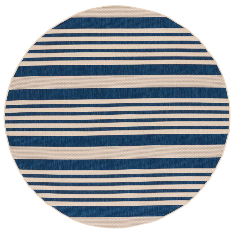 Tapis intérieur / extérieur rayé bleu marine / beige Arneshia, Rond 2 pi 7 po