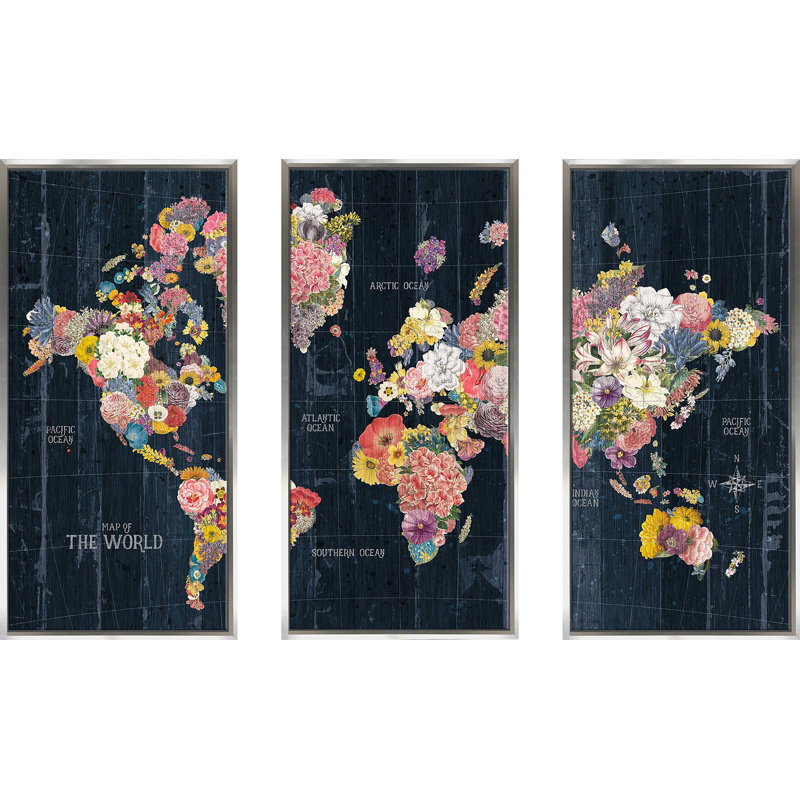 «Botanical Floral Map Words», reproduction de 3 pièces sur toile flottante, H 41,5 po x l 64,5 po x P 2 po