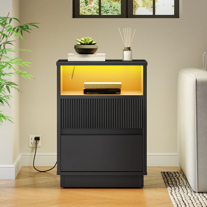 Morice Nightstand with Drawers and LED Lights, Black