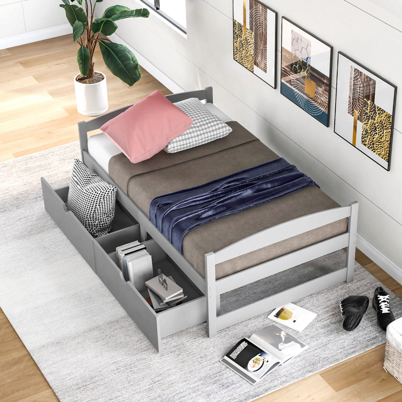 Lit plateforme simple avec deux tiroirs, Gris
