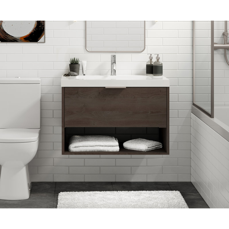 Modo 42" W Wall Mounted Single Bathroom Vanity, Gloss White/Single, Satin Brass, White Acrylic