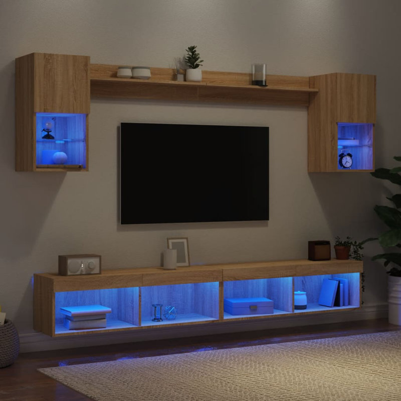  6 Piece TV Wall Units With LED Engineered Wood, Sonoma Oak