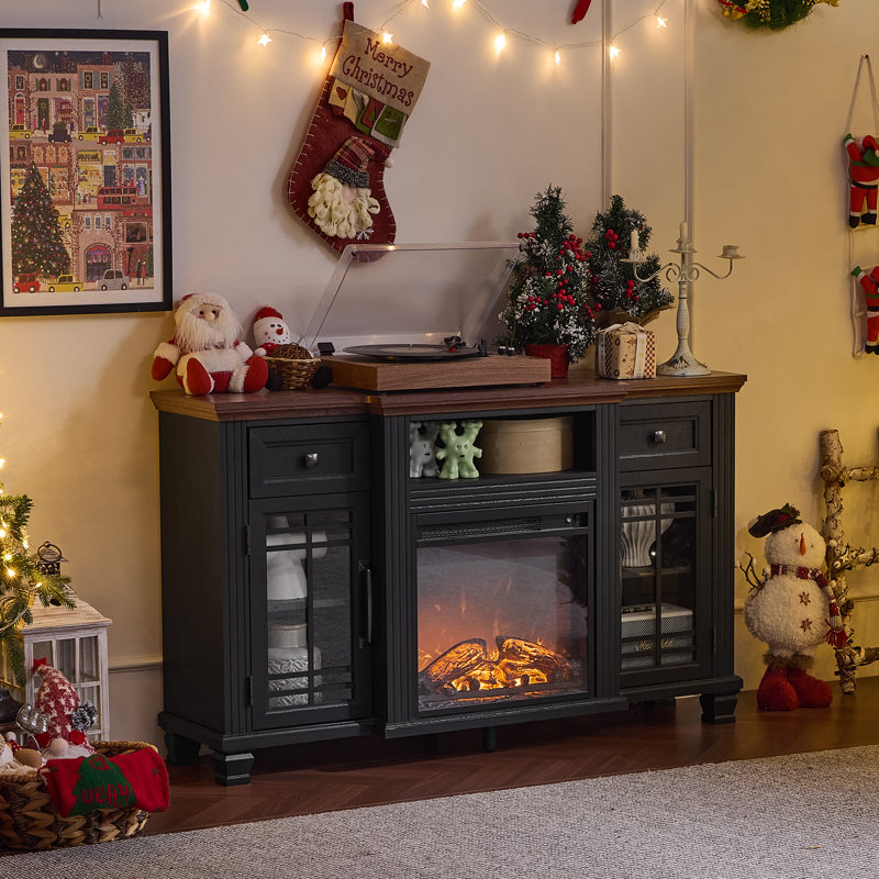 52" Fireplace TV Stand With 18”Silent Electric Fireplace, Farmhouse Entertainment Center For Tvs Up To 65", 2 Drawers TV Console With Glass Door Cabinet, Black Tvs Cabinet For Living Room