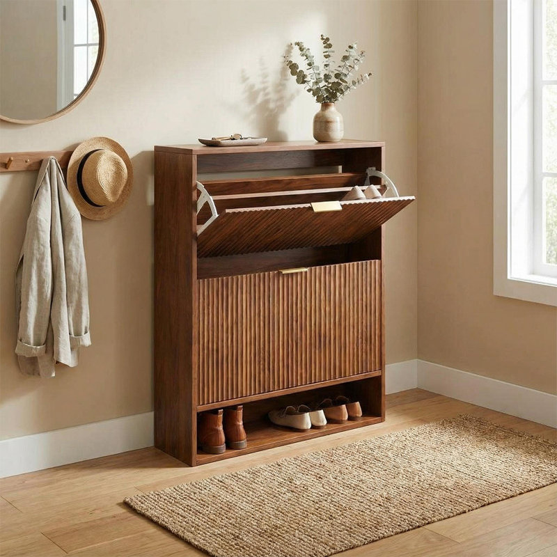 Fluted Shoe Cabinet for Entryway, Narrow Freestanding Shoe Storage with 2 Flip Drawers, Bottom Open Shelf and Side Hooks for Foyer or Hallway