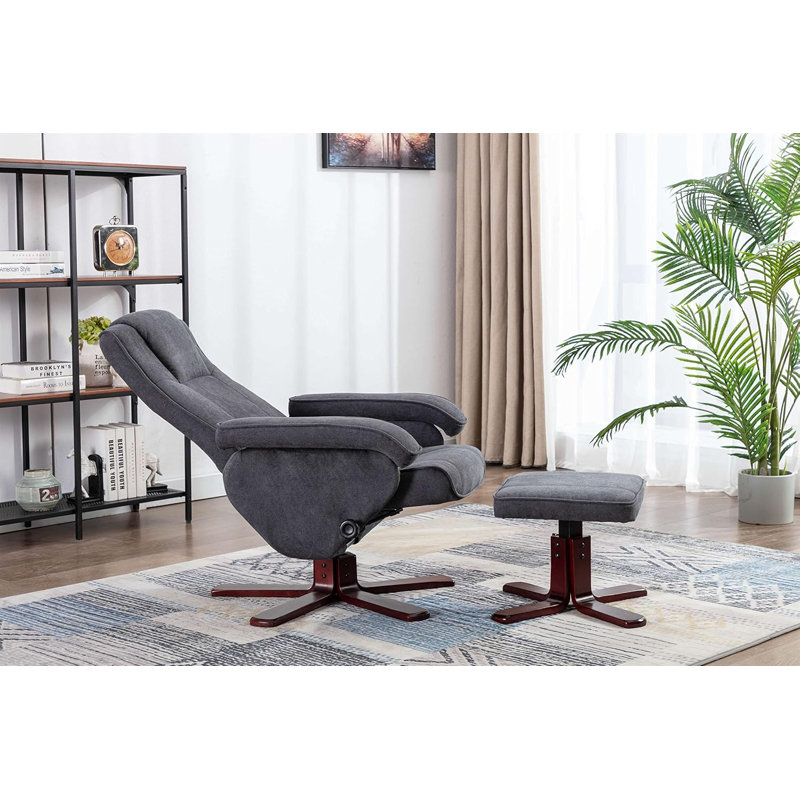 Resnick 29.5cm Wide Swivel Ergonomic Recliner, Dark Brown Wood, Dark Grey
