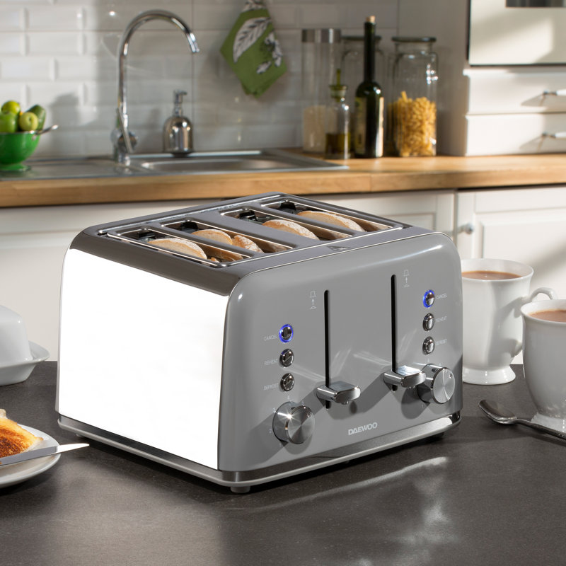 Daewoo Kensington Stainless Steel Grey 4 Slice Toaster Crumb Tray Defrost Reheat