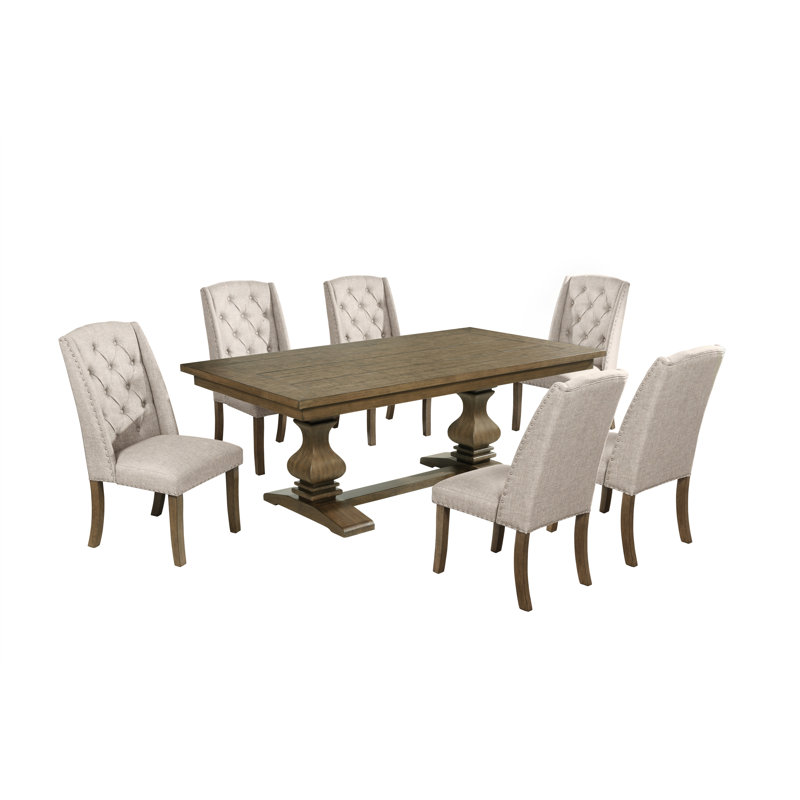 Ensemble de salle à manger en chêne brun avec chaises d'appoint capitonnées, Beige, 7