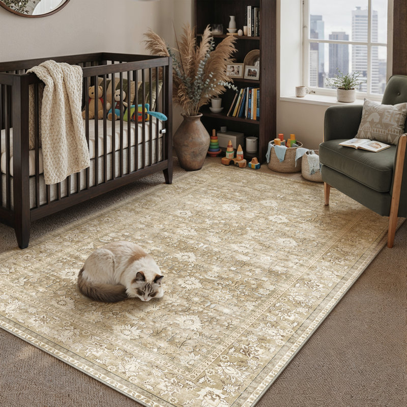 Kitty Machine Washable Oriental Area Rug with Non-Slip Backing, Beige, Rectangle 3' x 5'