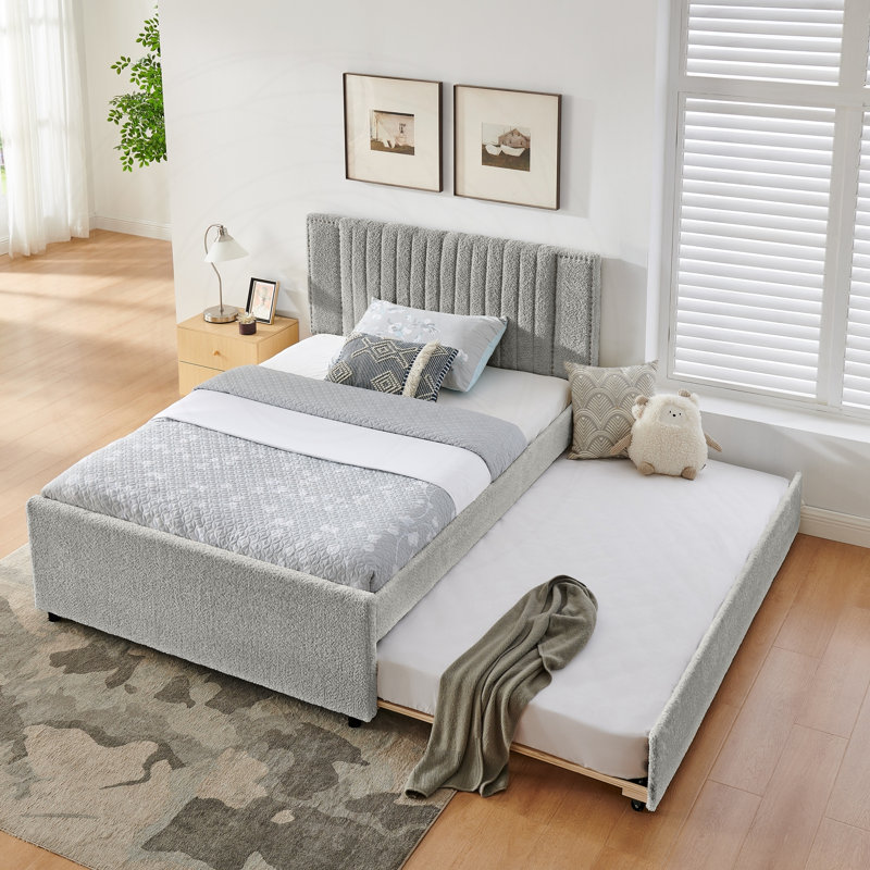 Lit double tapissier avec tiroirs de rangement et lit gigogne escamotable, Grey