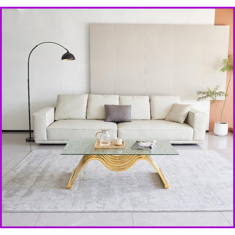 Table basse rectangulaire 47 po en acier inoxydable - verre ondulé, doré, tablette inférieure peu encombrante Facile à nettoyer