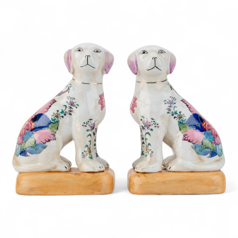 Tobacco Leaf Porcelain Dog Figurines Pair