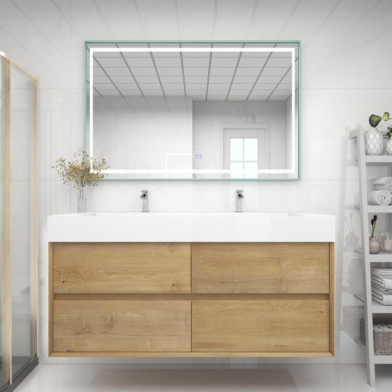 60" Wall Mounted Double Bathroom Vanity, Oak