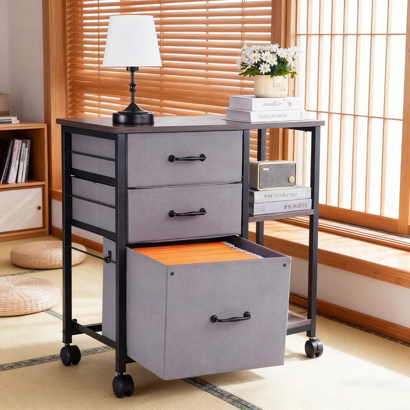 Brown Mobile Metal File Cabinet,29.53In. * 15.75 In. *26.77In,Filing Cabinet With 3 Fabric Drawers & 2 Open Shelves, 4 Swivel Casters (2 Lockable), Scratch-Resistant – Ideal For Home Office, Holds Files/Books/Printer
