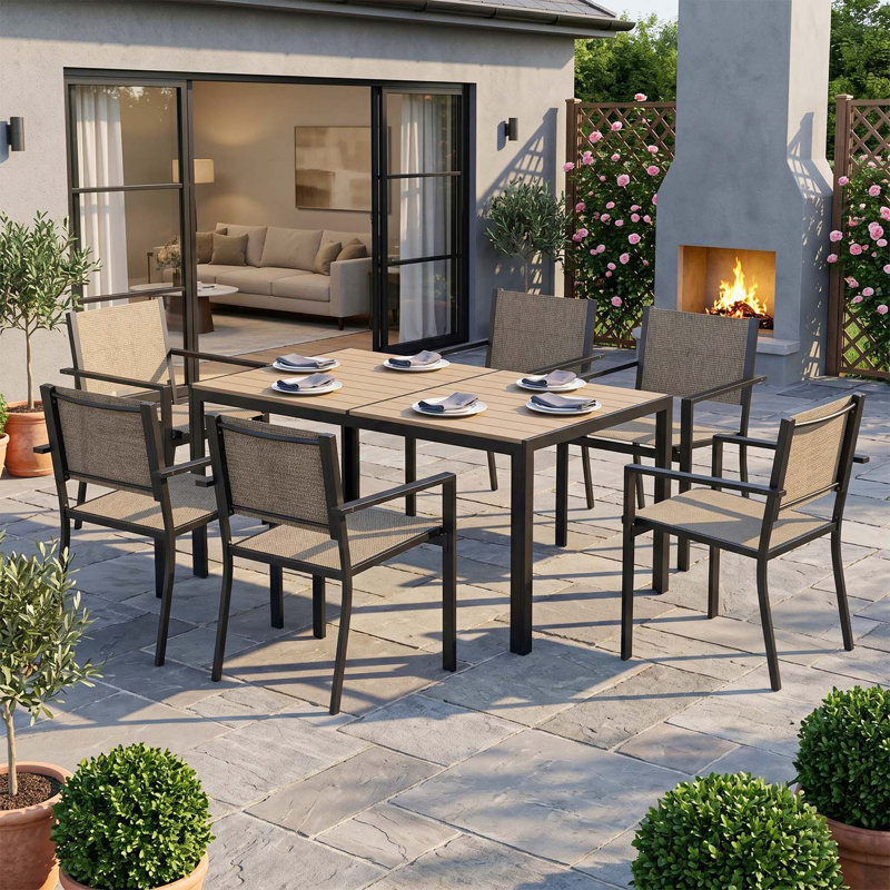 6 - Person Patio Dining Set with Rectangular Table, Warm Grey/Black, Yellow