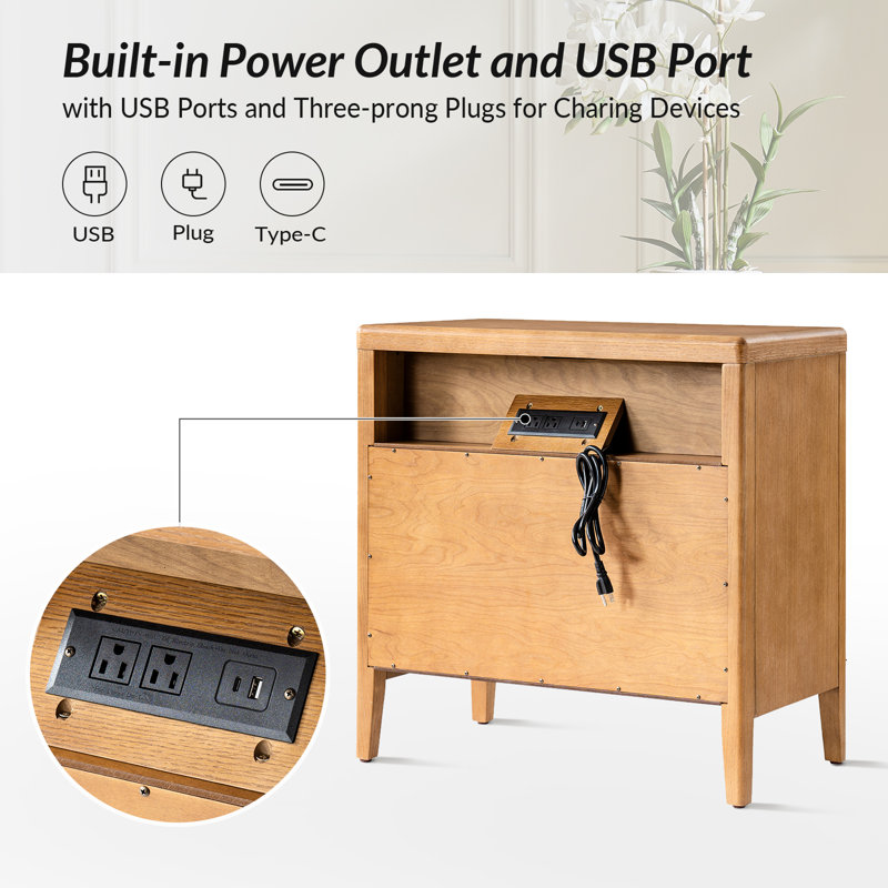 Shera Modern 28"W 3-Drawer Solid End Table with Integrated Power Station Set of 2, Oak