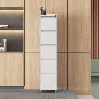 Classeur vertical à 5 tiroirs sur roulettes, rangement en métal pour documents de format A4 / lettre / légal, blanc, l 17,71 po x l 15,51 po x H 62,97 po, papiers à finition lisse verrouillables, surface