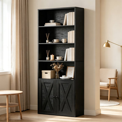 Bibliothèque industrielle à 6 niveaux avec portes, bibliothèque de rangement dissimulée avec support anti-basculement, étagères de rangement à 6 niveaux, grande bibliothèque pour bureau à domicile, salon, chambre à coucher