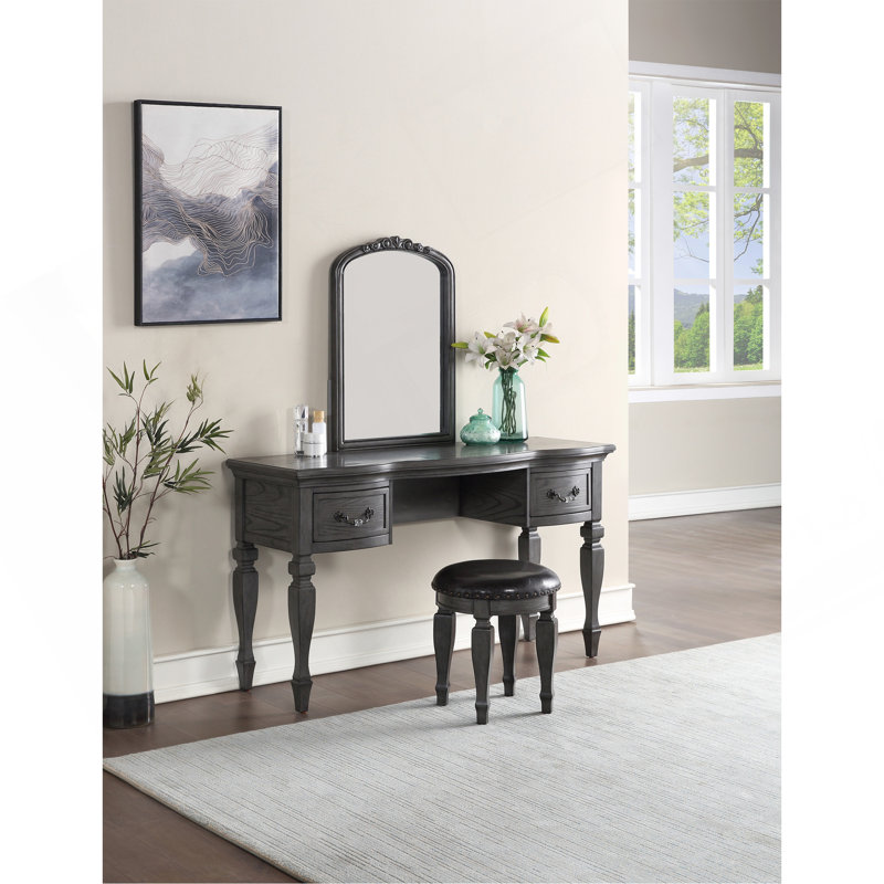 Bedroom Classic Vanity Set Wooden Carved Mirror Stool Drawers Antique Grey Finish