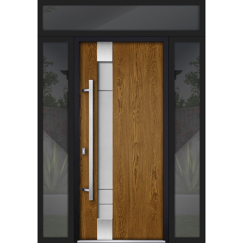 Porte d'entrée extérieure prémontée en acier Deux 1713 Chêne naturel, 2 fenêtres latérales et supérieures noires, inserts en acier inoxydable, style moderne, peinte, L 14+36+14 x H 80+16, ouverture à droite vers l'intérieur