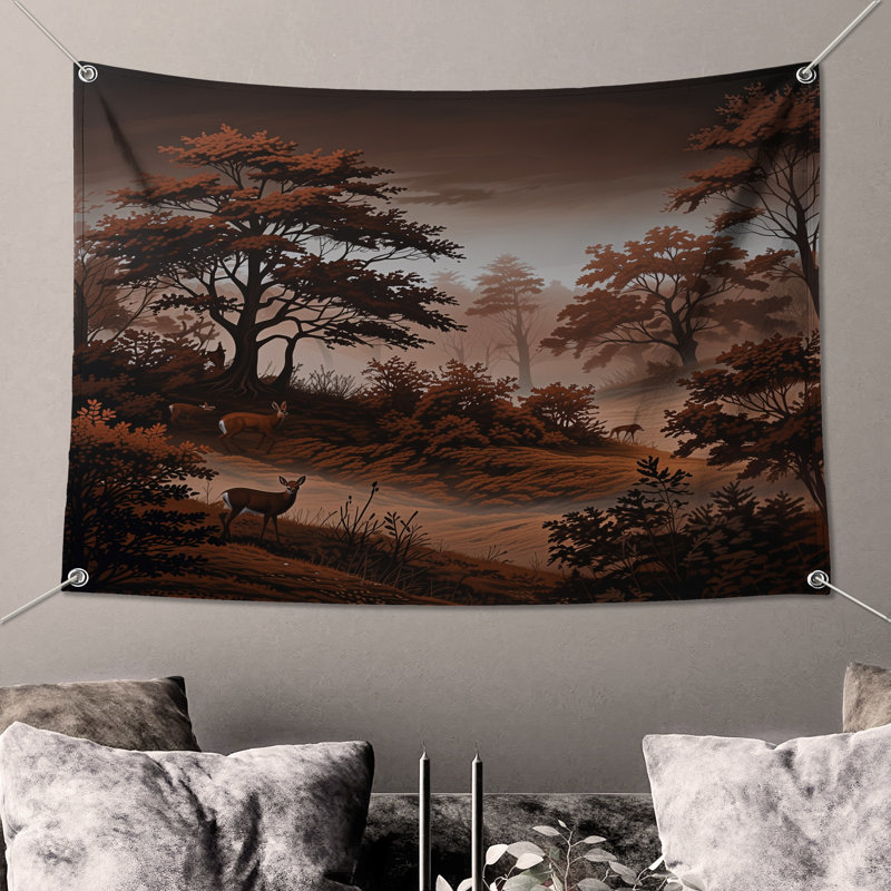Tapisserie murale «Misty Forest Deer Scene» - Décoration murale cerf, H 104 po x 88 avec 4 œillets