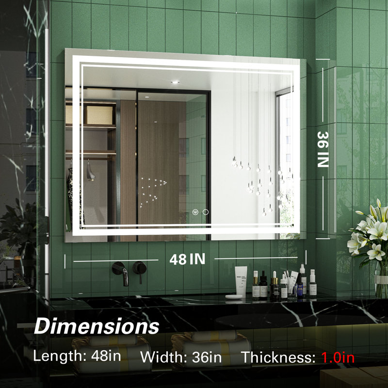 Adorna Frameless LED Lighted Bathroom / Vanity Mirror with Brightness Adjustable, Memory Function, Anti-fog, 36" x 48"