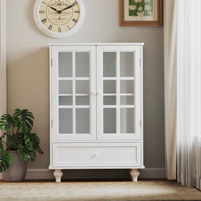 Minimalist White Buffet Cabinet with Double Glass Doors and Drawer, Modern Wooden Storage Sideboard Cupboard by Ophelia & Co.